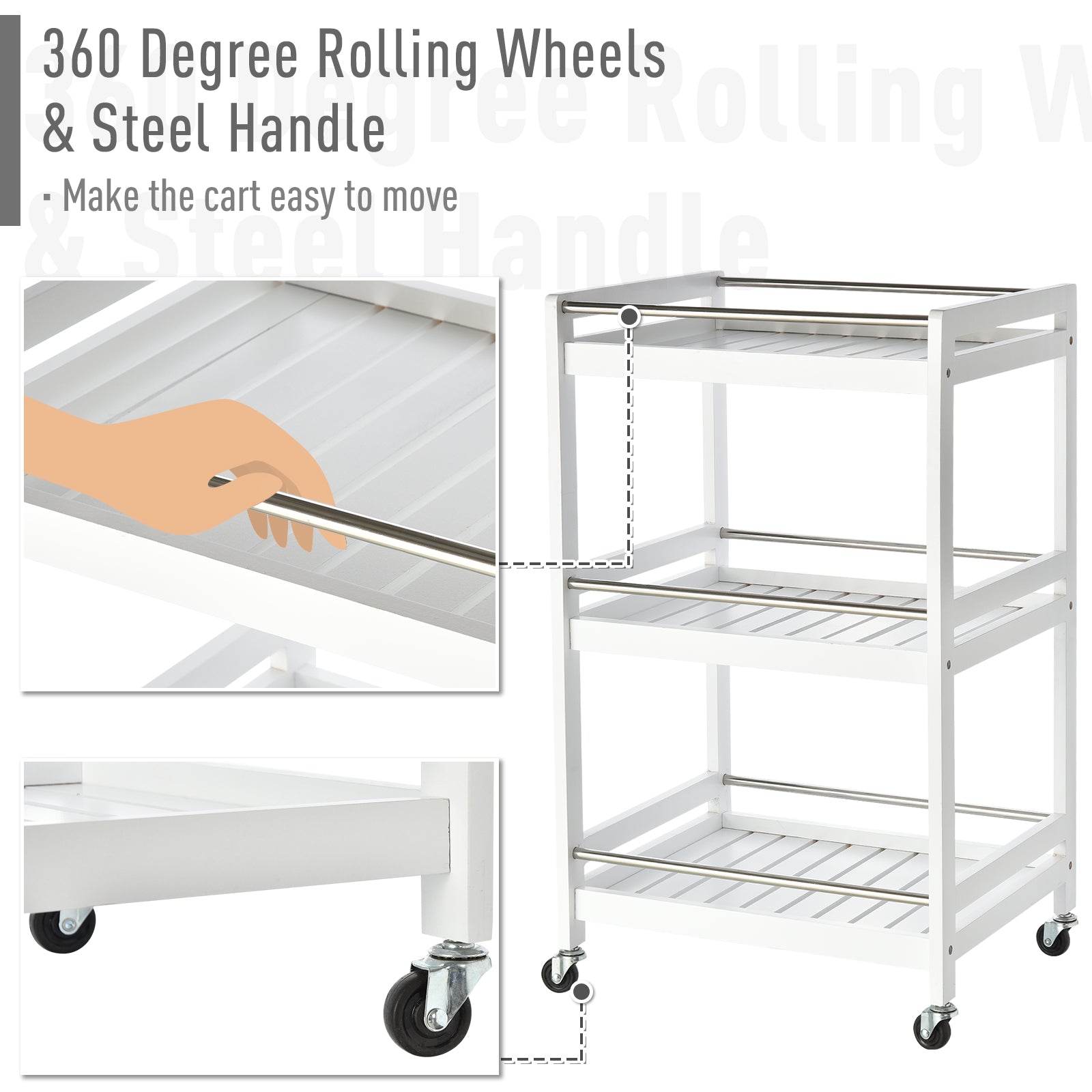 HOMCOM 3-Tier Home Trolley Kitchen Storage w/ Steel Bars 4 Wheels Rolling Unit Organiser Living Room White