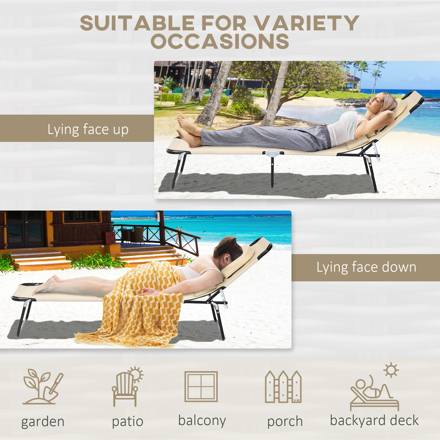 Outsunny Outdoor Folding Sun Lounger Set of 2 with Face Hole, 4 Level Adjustable Backrest Reclining Garden Lounger, Garden Recliner Sunbed with 600 D Oxford Cloth Seat and Pillow for Beach, Sand