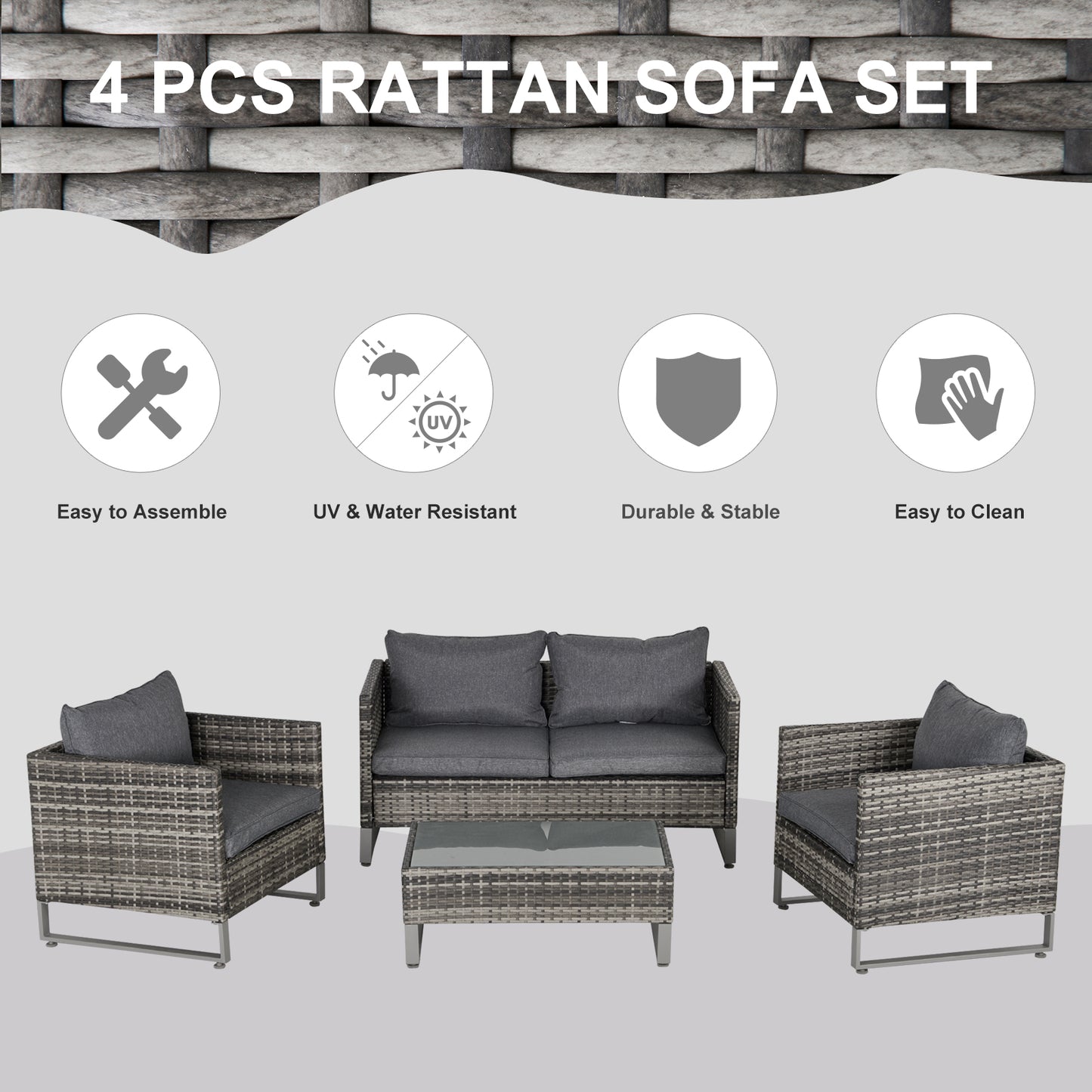Outsunny 4-Seater PE Rattan Garden Furniture Wicker Dining Set with Glass Top Table, Cushions, Deep Grey