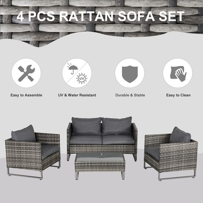 Outsunny 4-Seater PE Rattan Garden Furniture Wicker Dining Set with Glass Top Table, Cushions, Deep Grey