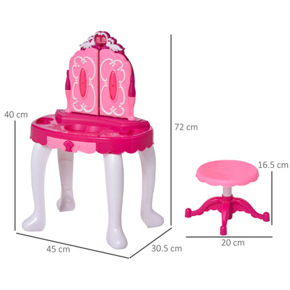 HOMCOM Kids Pretend Play Plastic Vanity Table Set w/ Sound Effect Pink