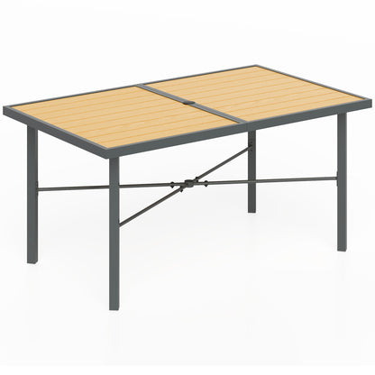 Outsunny Garden Table for 6, Outdoor Dining Table with 5cm Umbrella Hole, Wood Effect Top, Rust Resistant Frame, for Patio, Balcony, Terrace, 150 x 90 cm