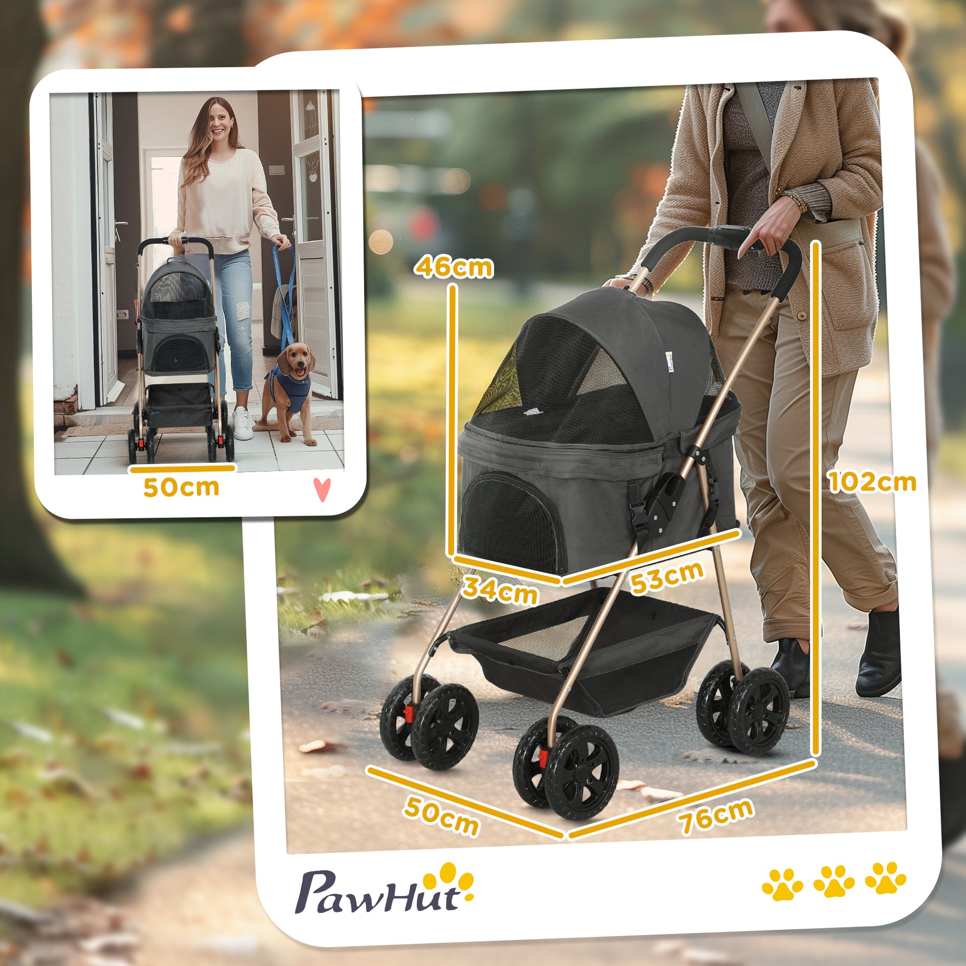 PawHut PawH 3-in-1 Pet Stroller, Folding Four-Wheel Dog Pram with Detachable Carrier for Mini Dogs, Cats, Grey