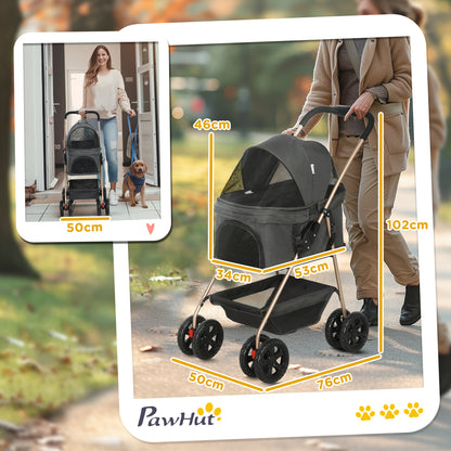 PawHut PawH 3-in-1 Pet Stroller, Folding Four-Wheel Dog Pram with Detachable Carrier for Mini Dogs, Cats, Grey