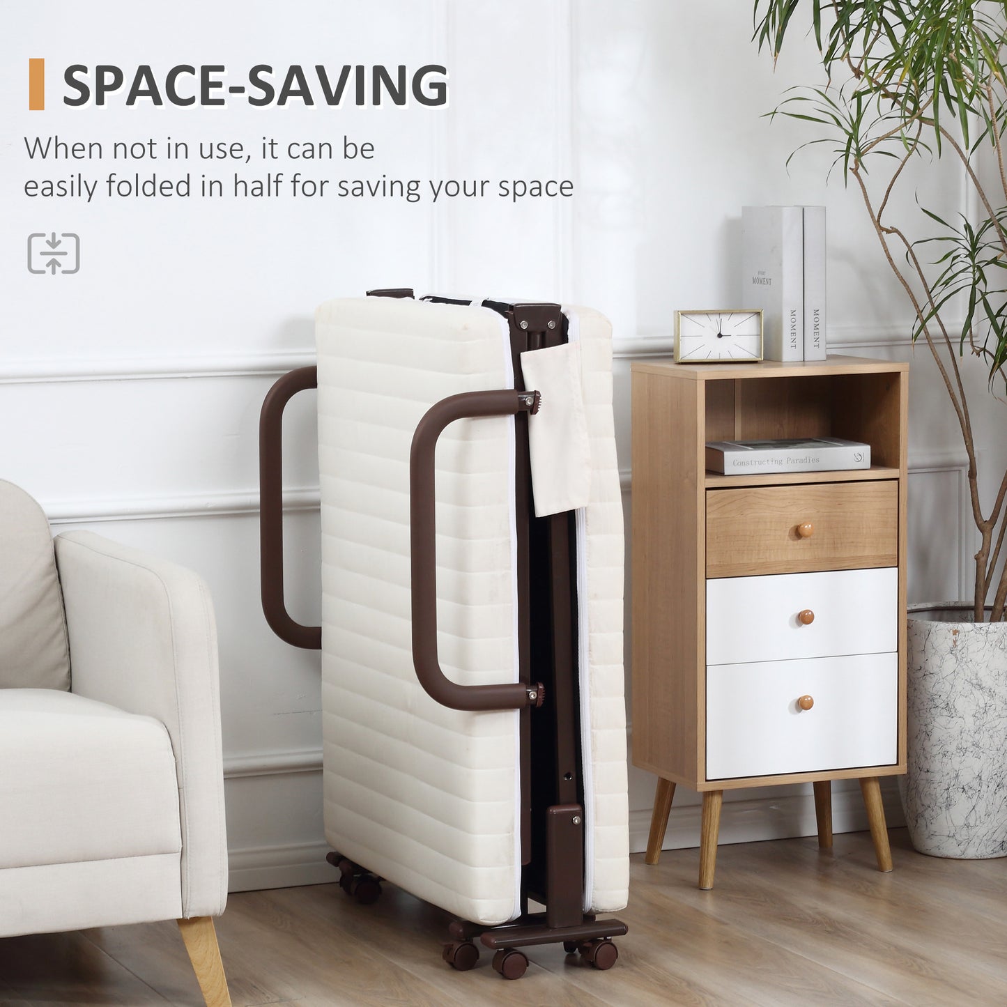 HOMCOM Folding Bed with 8cm Mattress, Portable Foldable Guest Bed with Adjustable Backrest, Metal Frame on Wheels, Brown