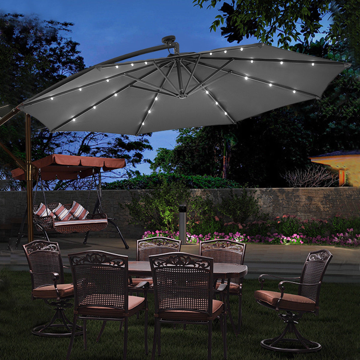 3m Cantilever Garden Parasol with LED Lights -Black