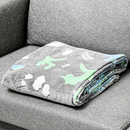 HOMCOM Glow in The Dark Flannel Fleece Throw Blanket, Fluffy Warm Throw Blanket, Kids Dinosaur Luminous Blanket, 203x153cm, Grey