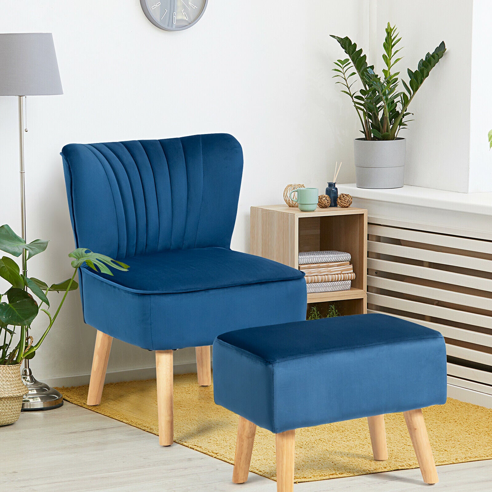 Soft Velvet Accent Chair with Oyster Shaped Back and Ottoman-Blue