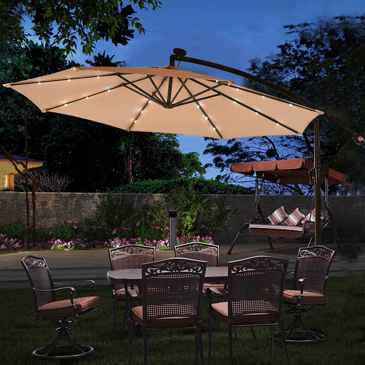 3m Cantilever Garden Parasol with LED Lights -Beige