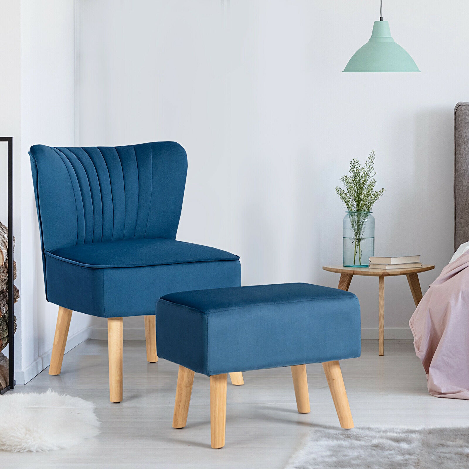 Soft Velvet Accent Chair with Oyster Shaped Back and Ottoman-Blue