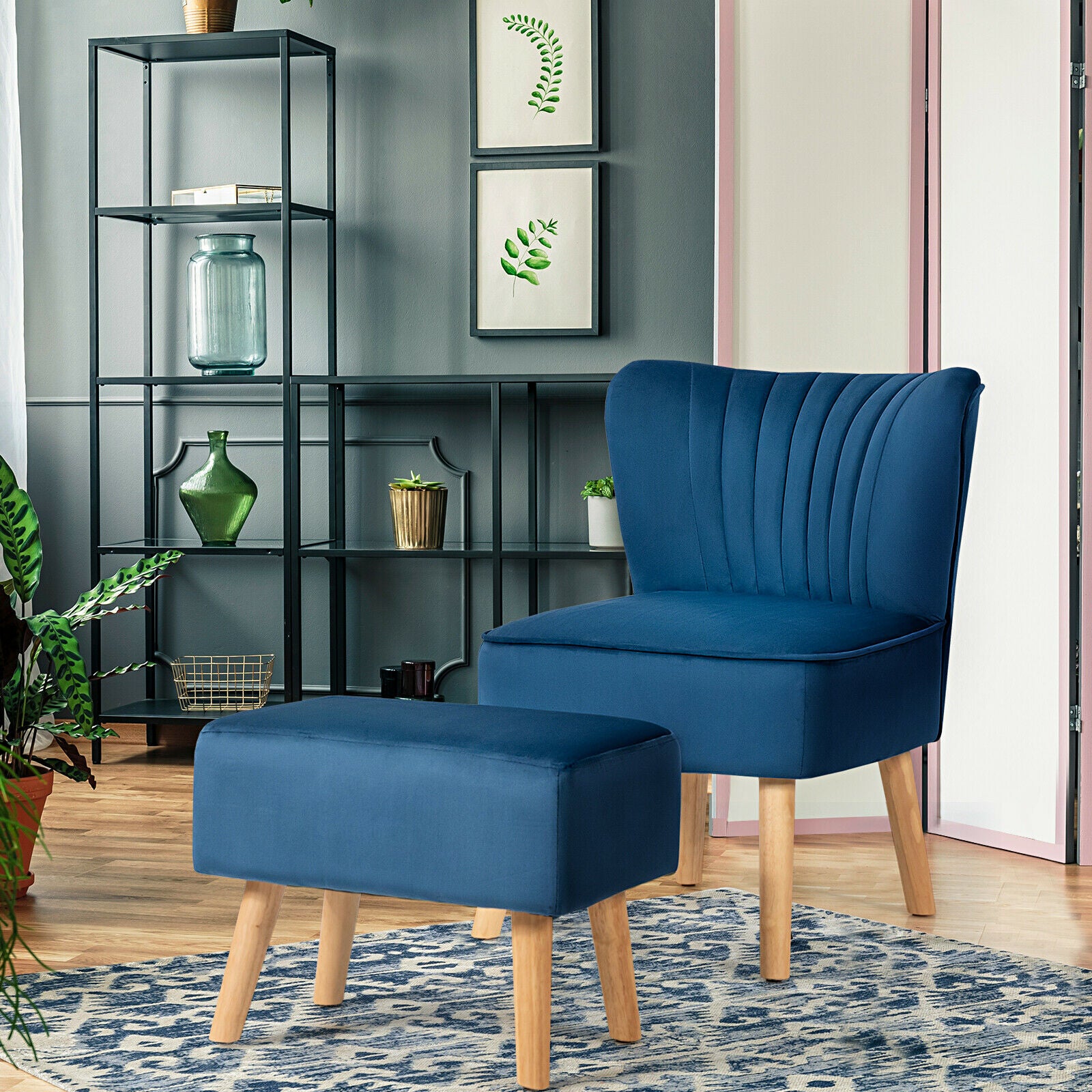 Soft Velvet Accent Chair with Oyster Shaped Back and Ottoman-Blue