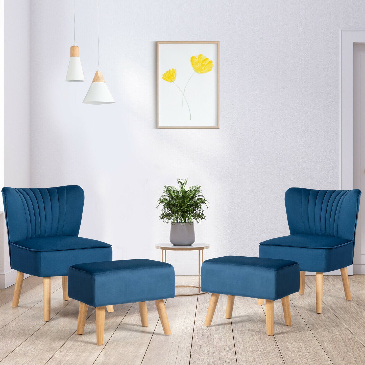 Soft Velvet Accent Chair with Oyster Shaped Back and Ottoman-Blue