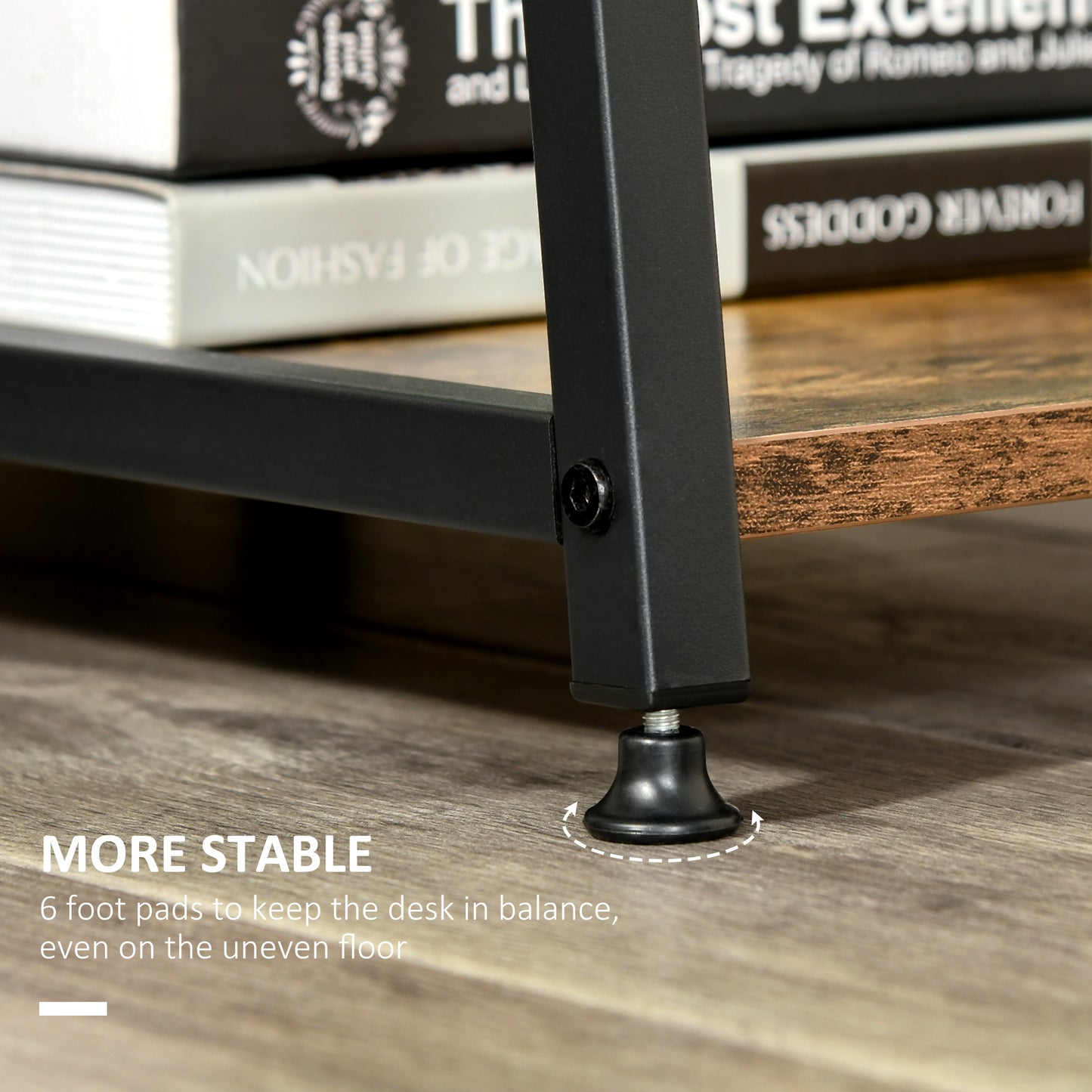 HOMCOM Office Desk Working Station Home Office Table with 2 Shelves Computer Gaming Desk Steel Frame Black and Rustic Brown