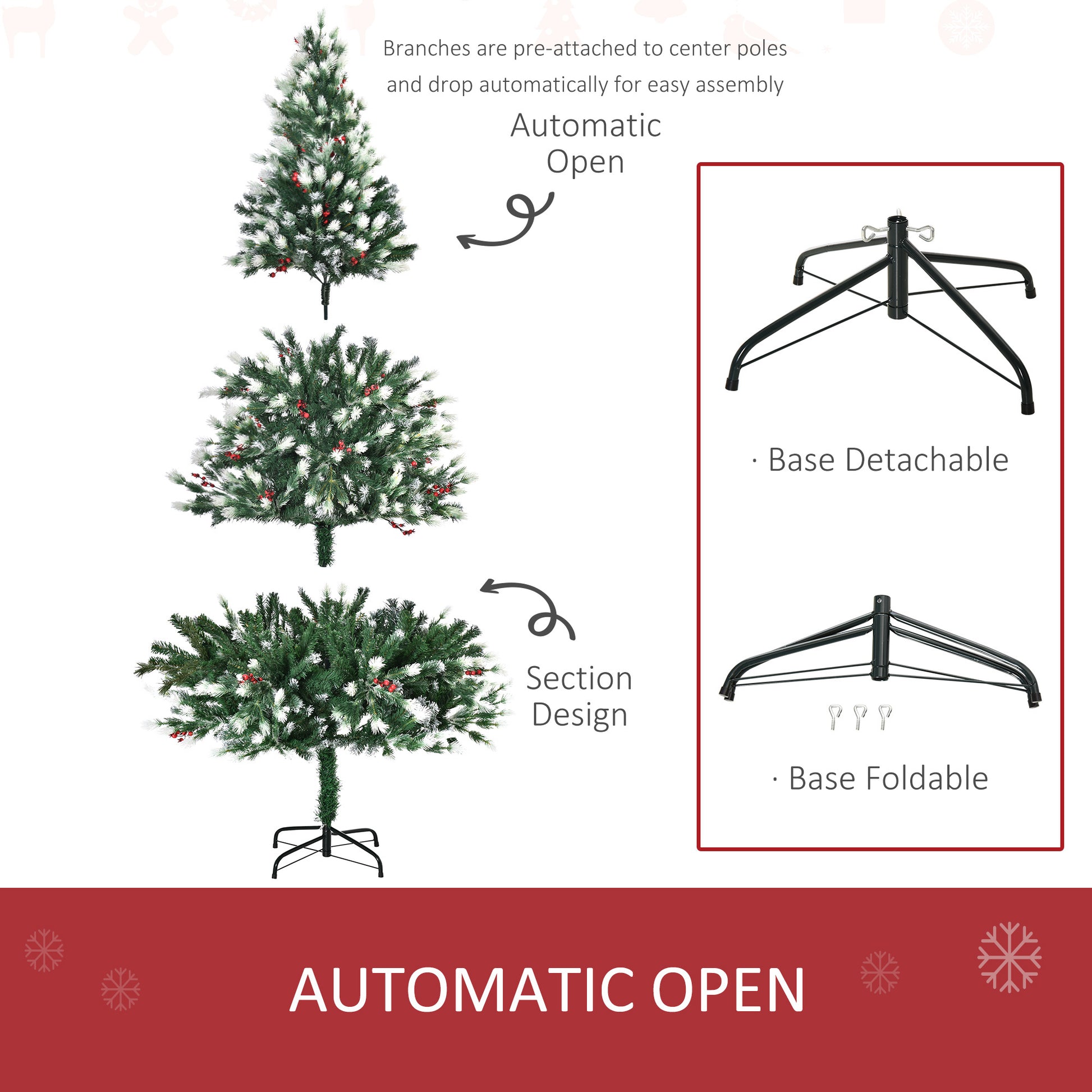 HOMCOM 6ft Artificial Snow-Flocked Pine Tree Holiday Home Christmas Decoration with Red Berries, Automatic Open - Green