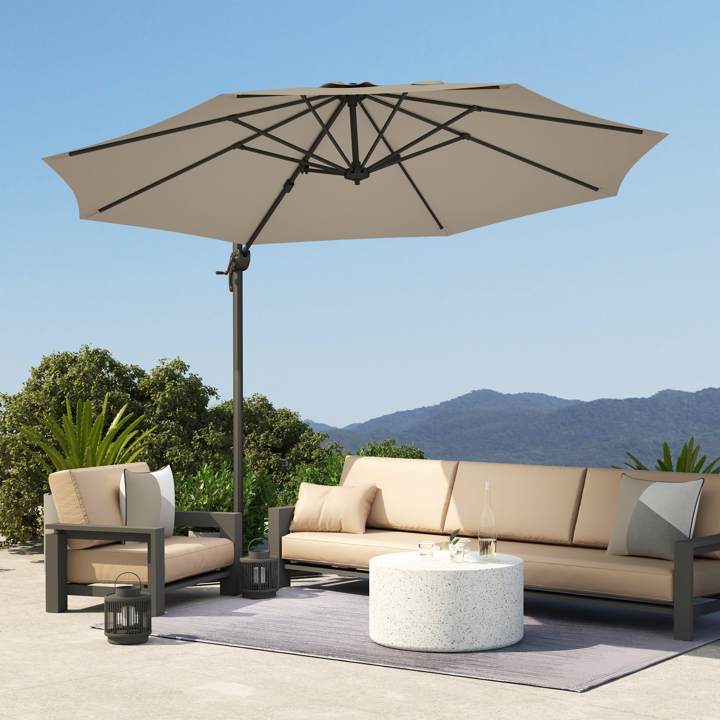 Outsunny 3 x 3(m) Cantilever Parasol with Cross Base, Garden Umbrella with 360° Rotation, Crank Handle and Tilt for Outdoor, Light Grey