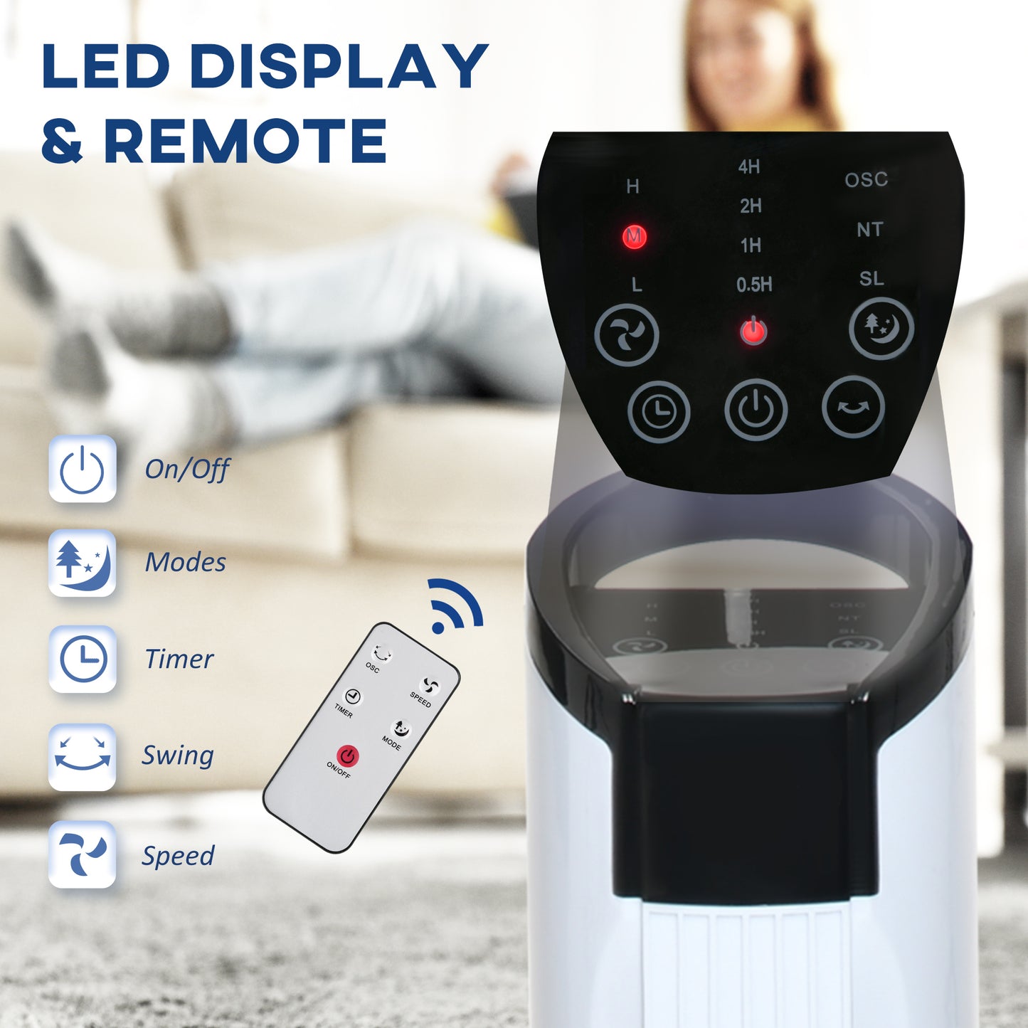 HOMCOM Freestanding Tower Fan, 3 Speed 3 Mode, 7.5h Timer, 70 Degree Oscillation, LED Panel, 5M Remote Controller, Black and White