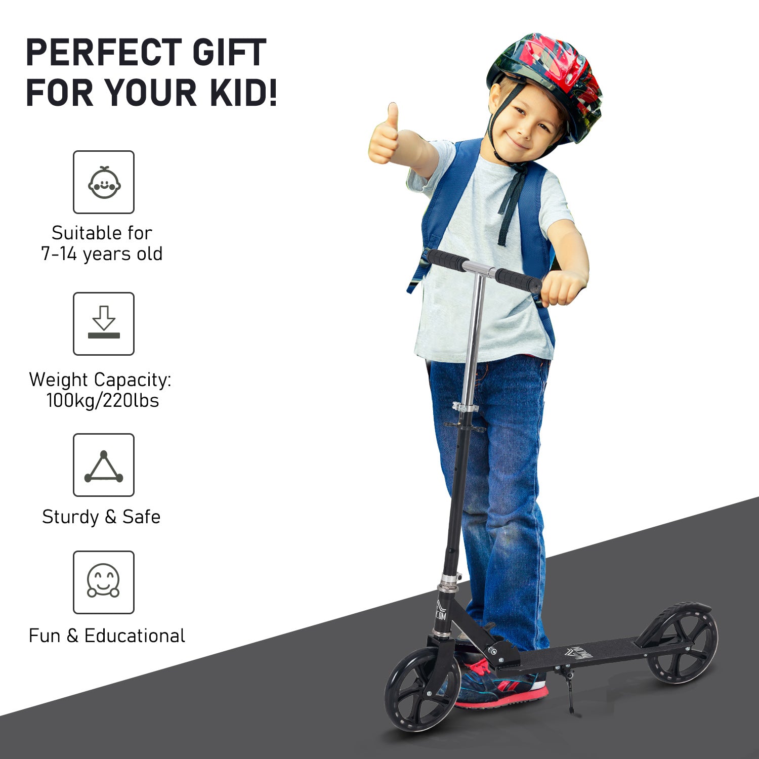 HOMCOM Kids Scooter for Ages of 3-8 Years Adjustable Height Teens Ride On Toy for Kids Boys Girls Foldable Design Rear Breaking Black
