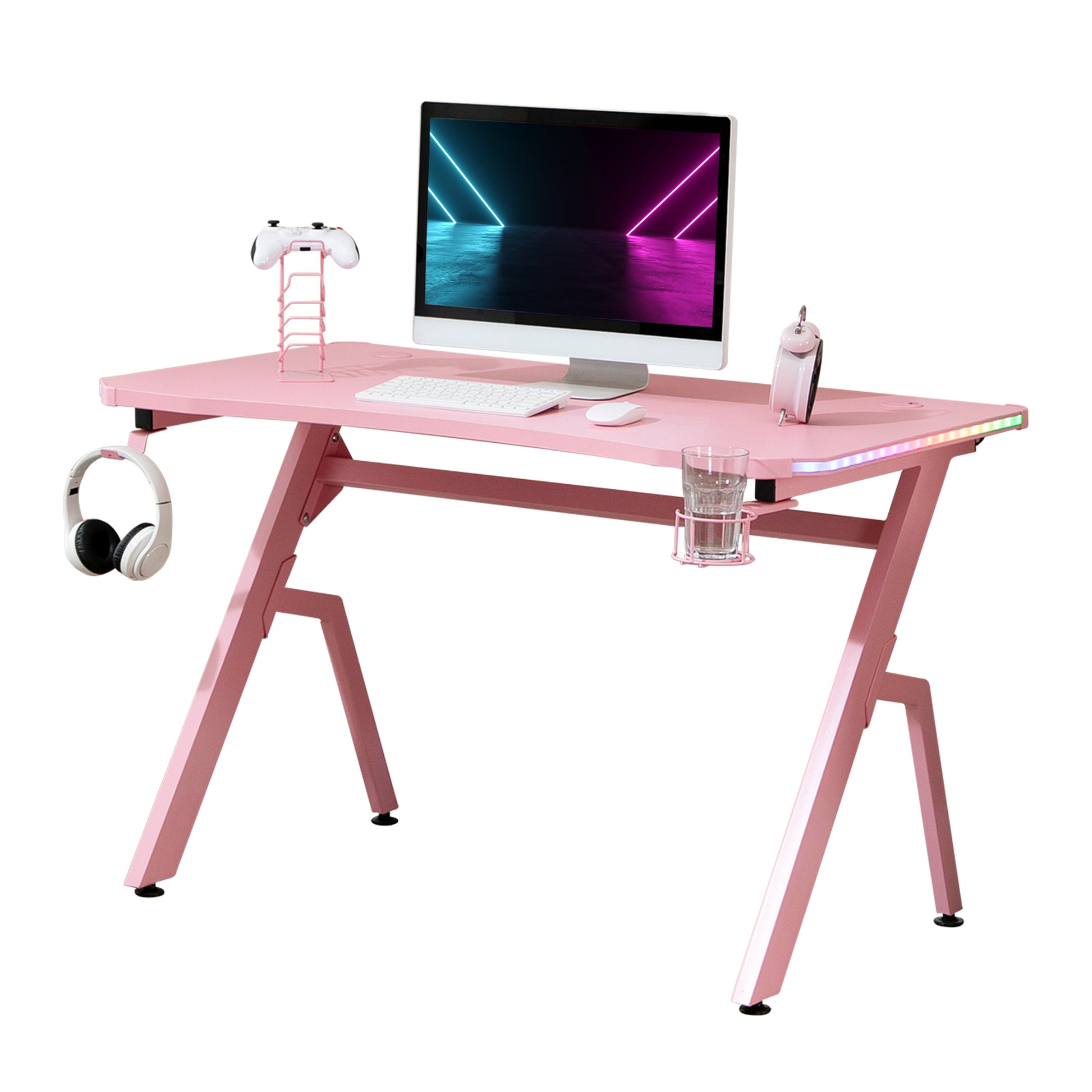 HOMCOM Gaming Desk Racing Style Home Office Ergonomic Computer Table Workstation with RGB LED Lights, Controller Rack & Cable Management, Pink