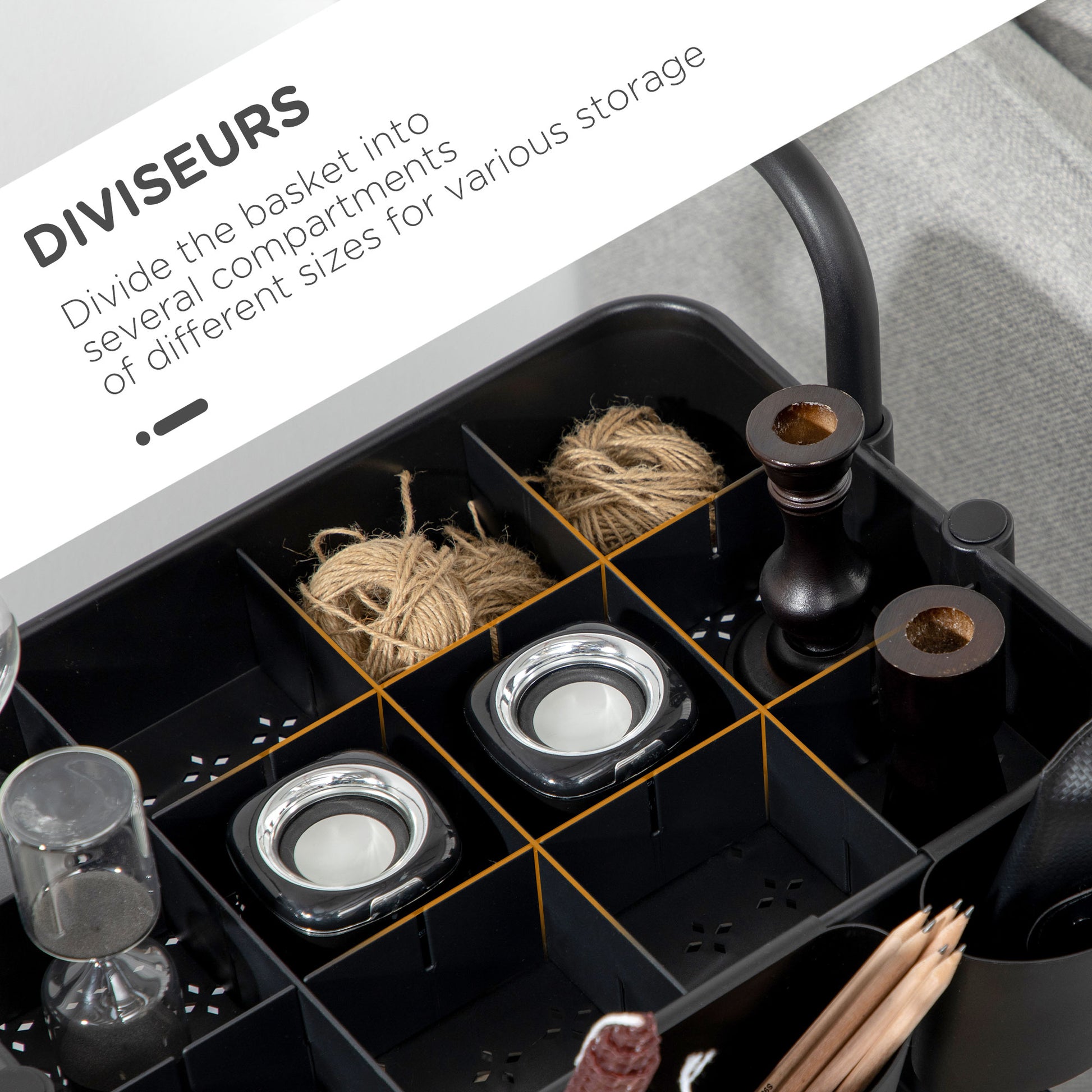 HOMCOM 3 Tier Utility Rolling Cart, Kitchen Cart with 3 Removable Mesh Baskets, 3 Hanging Box, 4 Hooks and Dividers for Living Room, Laundry Black