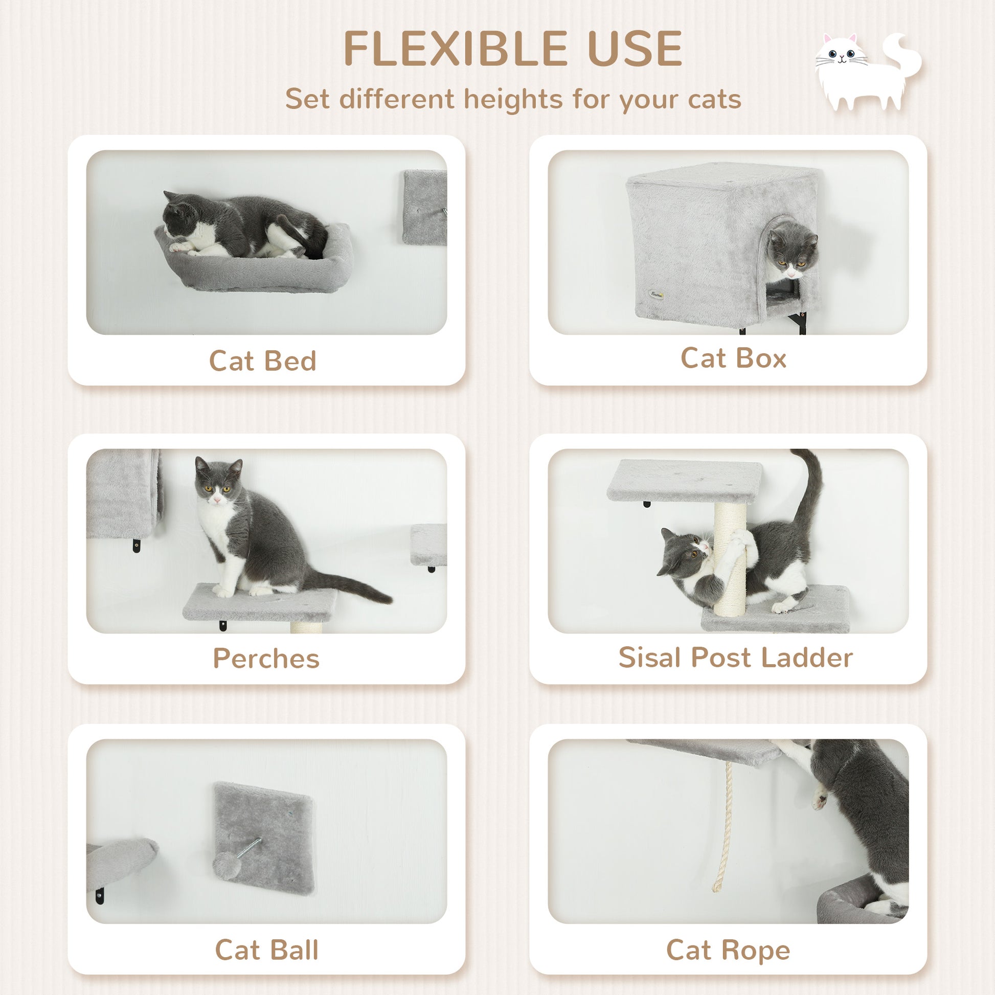 PawHut 6-Piece Cat Wall Shelves Set with Condo, Cat Wall Furniture with Platforms, Sisal Scratching Post, Bed, Toy Ball, Grey