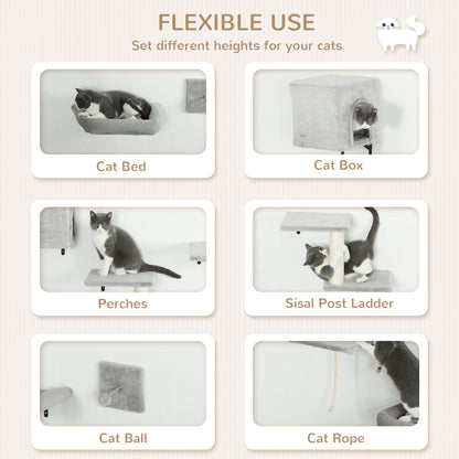 PawHut 6-Piece Cat Wall Shelves Set with Condo, Cat Wall Furniture with Platforms, Sisal Scratching Post, Bed, Toy Ball, Grey