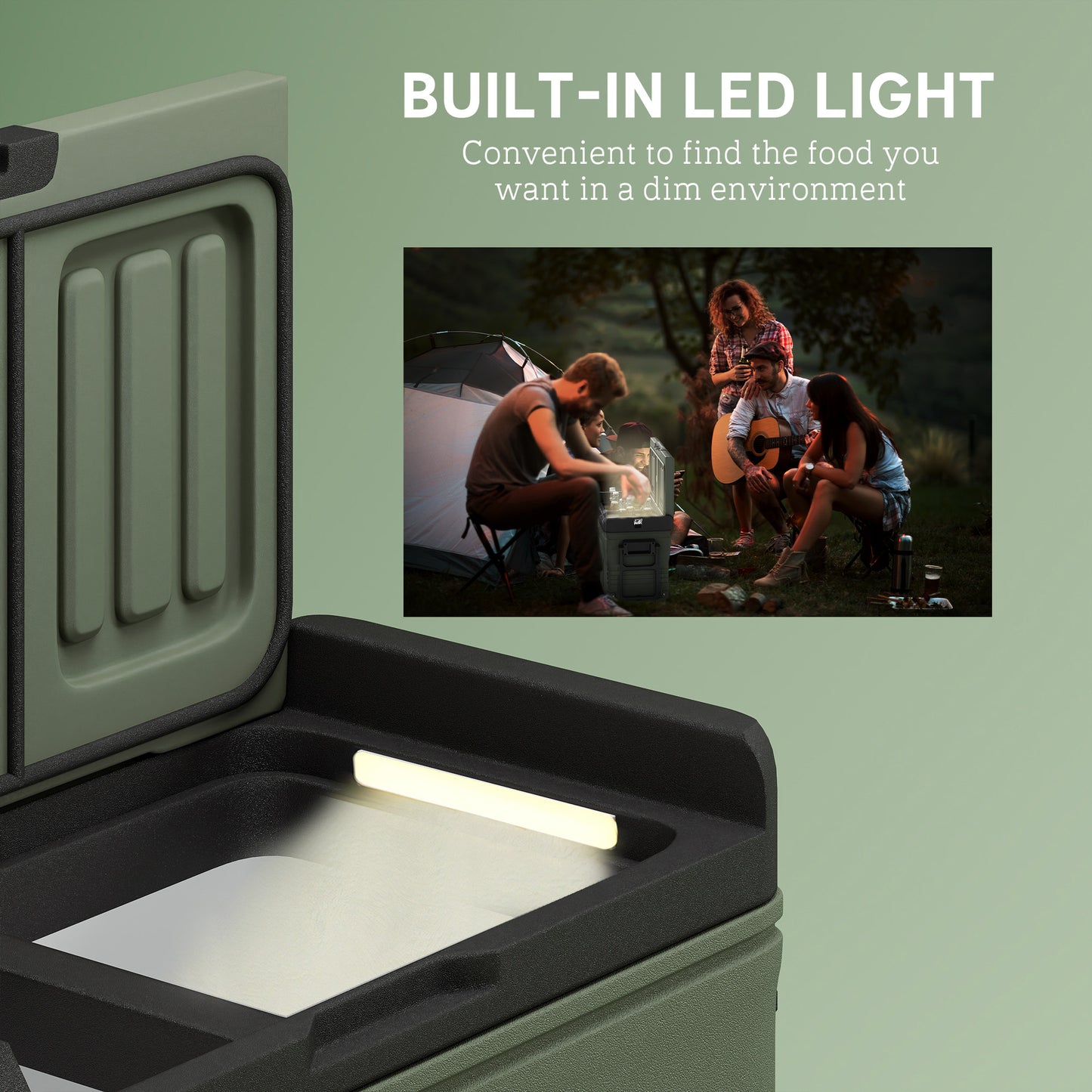 Outsunny 33L Camping Fridge Freezer Dual Zone, Portable Car Fridge 12V/24V DC & 100-240V AC, Electric Cool Box -20?-20? with Wheels and LED Light, for Travel, RV, Road Trip, Picnic [Energy Class E]