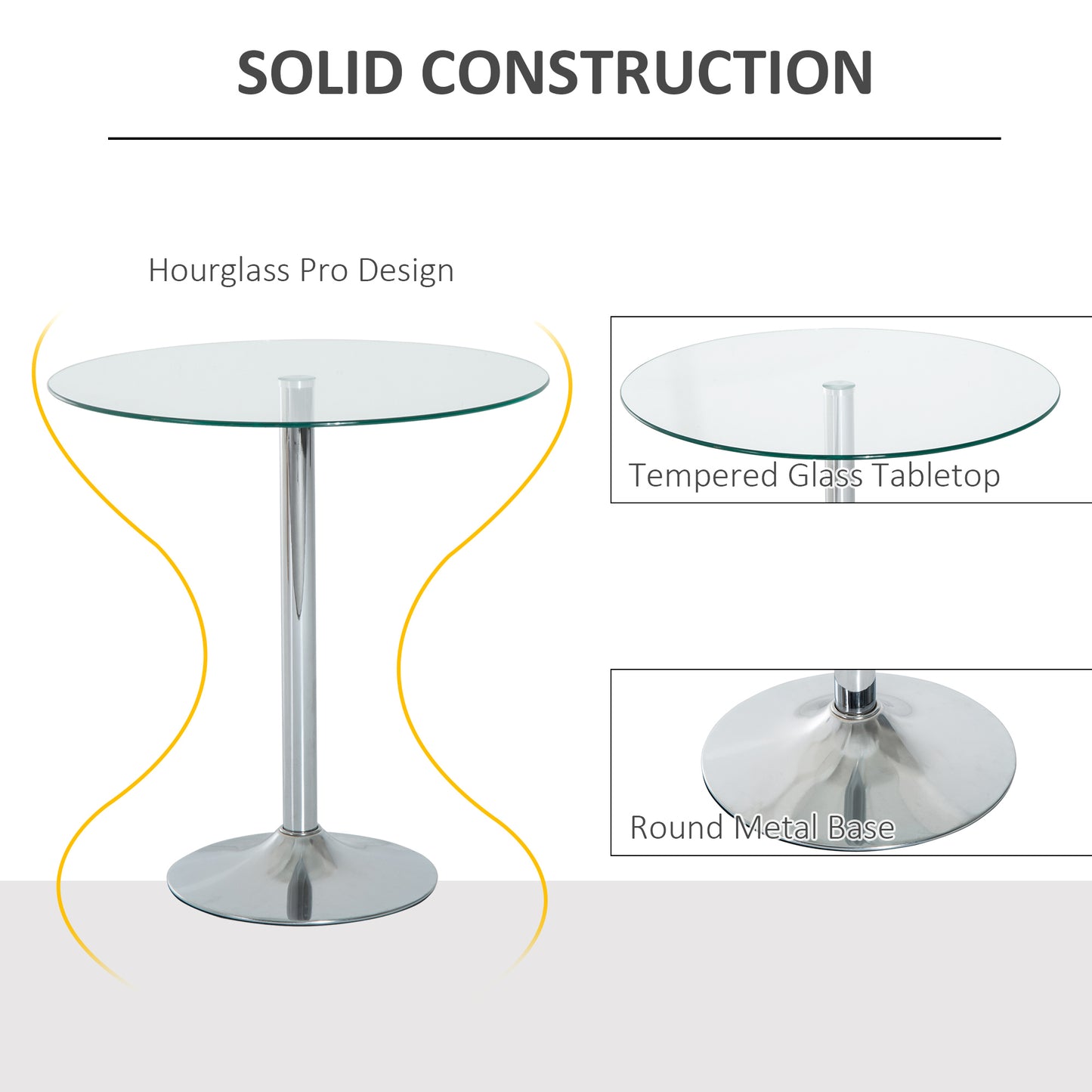 HOMCOM Round Dining Table, Modern Dining Room Table with Tempered Glass Top, Steel Base, Space Saving Small Bar Table