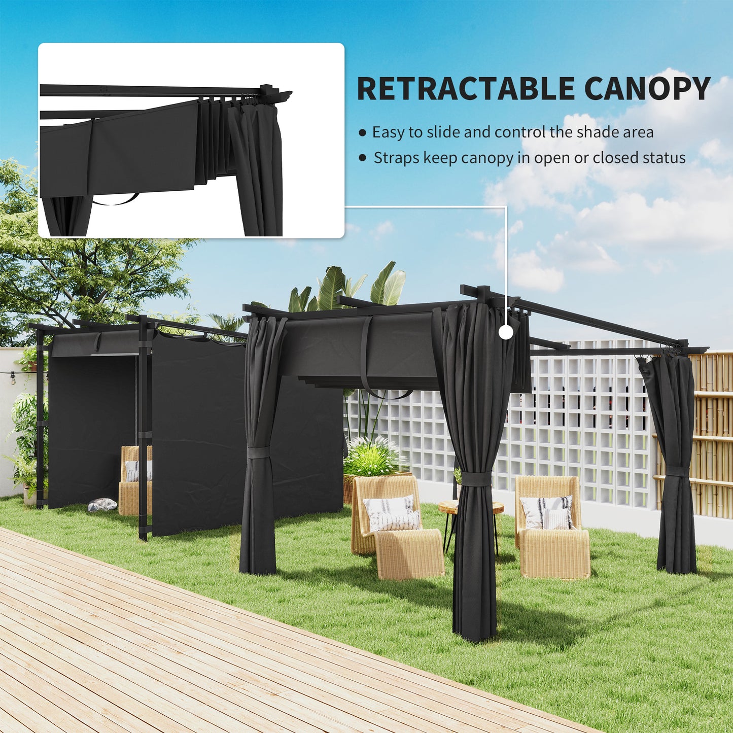 Outsunny 3 x 3 m Retractable Roof Pergola, with Curtains - Dark Grey