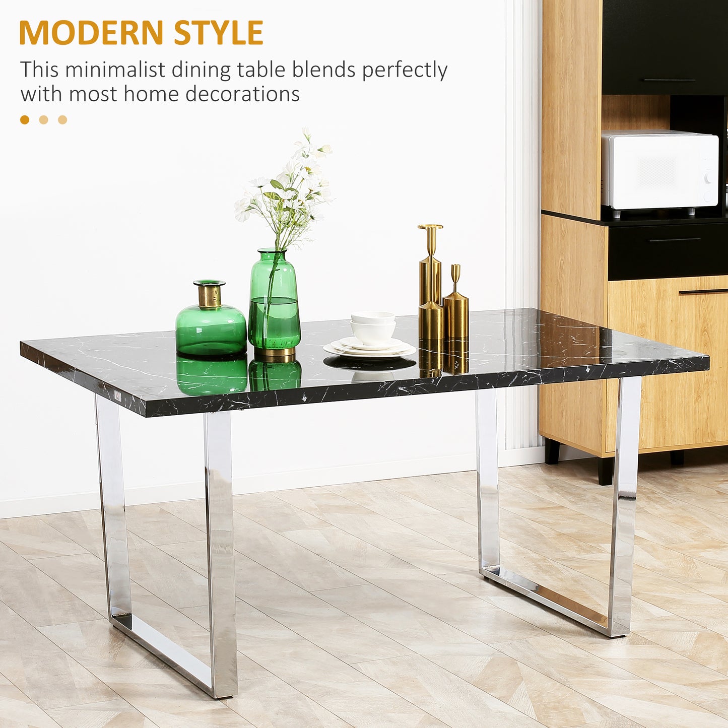 HOMCOM Modern Dining Room Table Rectangular Kitchen Table for 6-8 People with Marble Effect Tabletop Steel Legs 155 cm Black