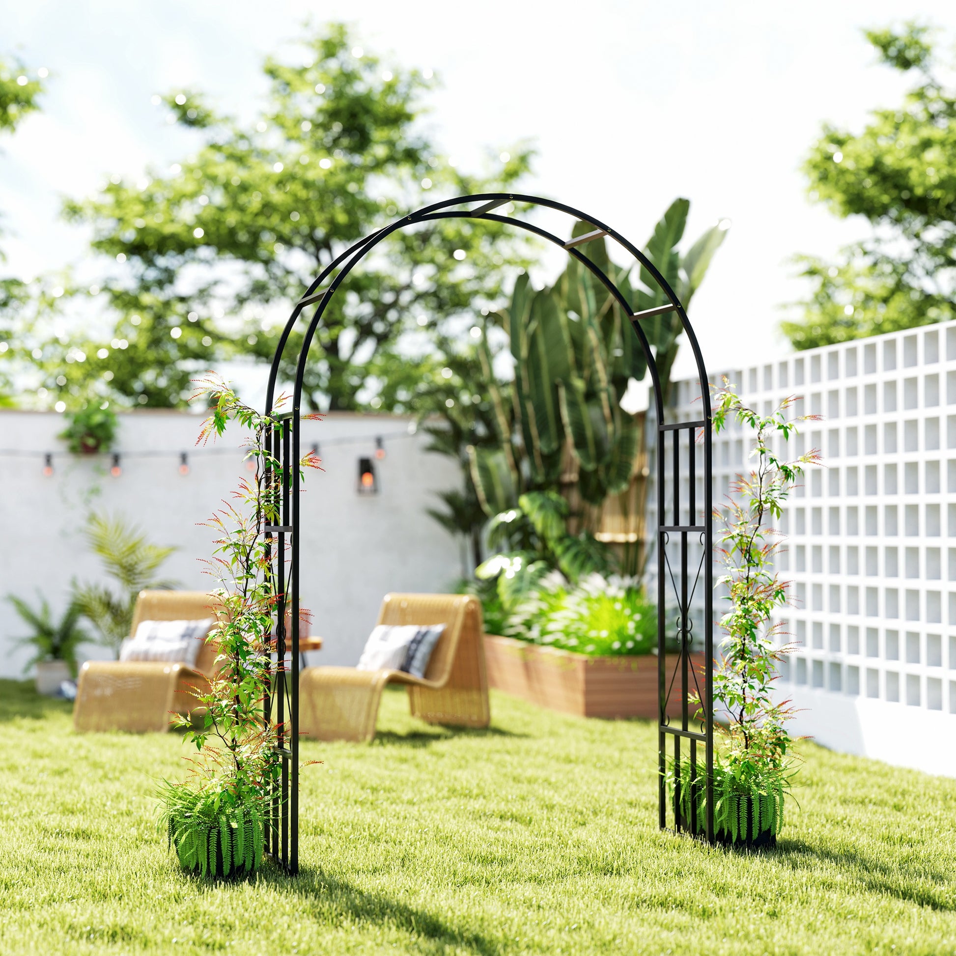 Outsunny Steel Garden Arch, 2.2m High x 1.5m Wide Metal Garden Trellis for Climbing Plants Roses Wisteria Vines, Outdoor Wedding Arch for Bridal Party Ceremony Decoration, Black
