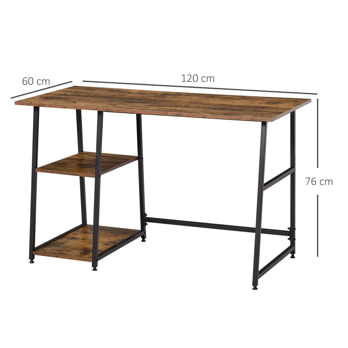 HOMCOM Office Desk Working Station Home Office Table with 2 Shelves Computer Gaming Desk Steel Frame Black and Rustic Brown