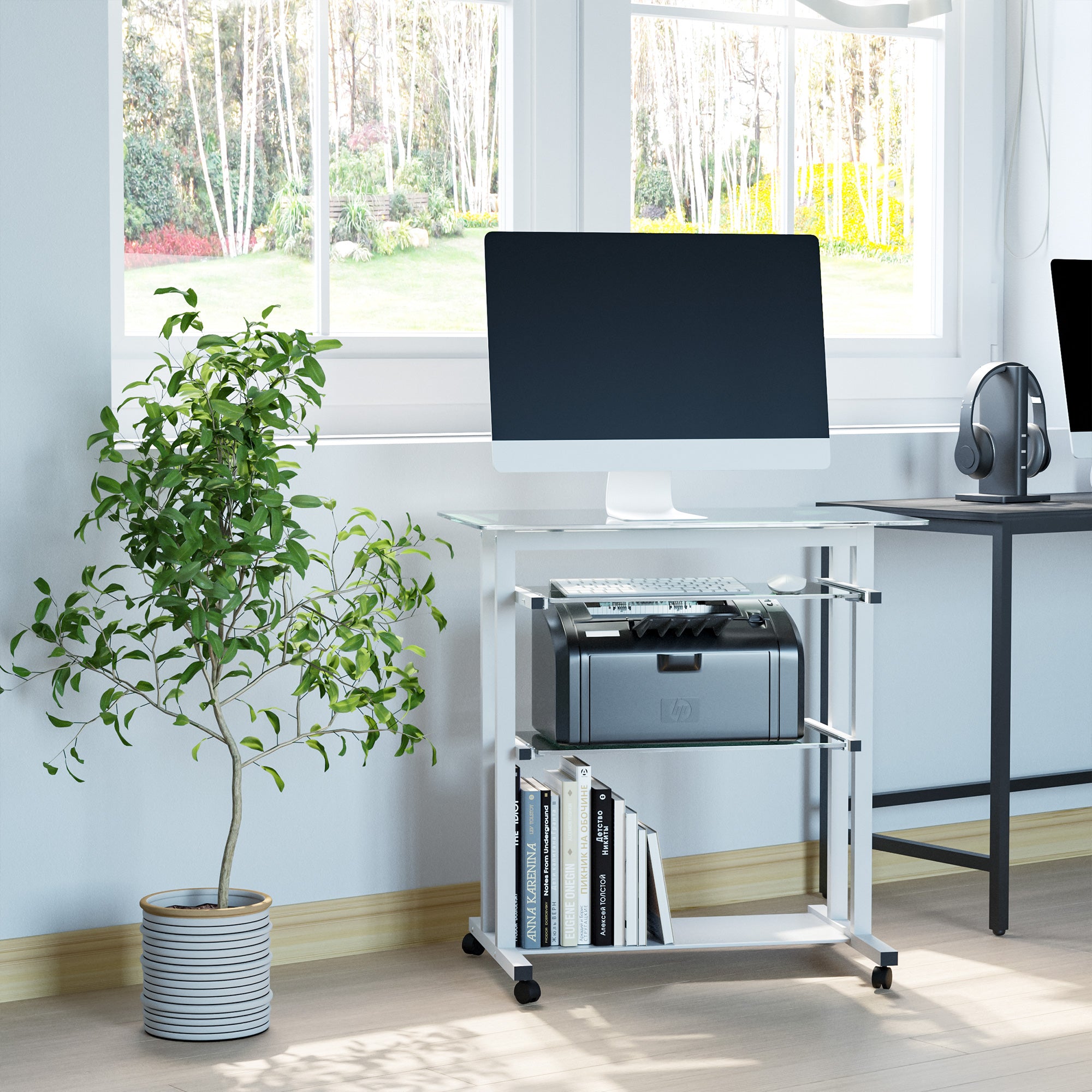 HOMCOM Computer Desk Glass Table Workstation Laptop pc desk mobile wit ...