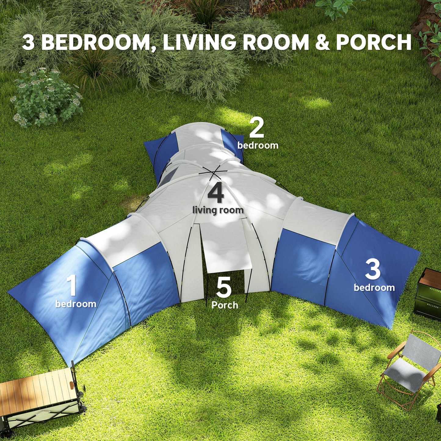 Outsunny 6-9 Man Tent with Bedrooms and Living Room, Accessories Included, Blue