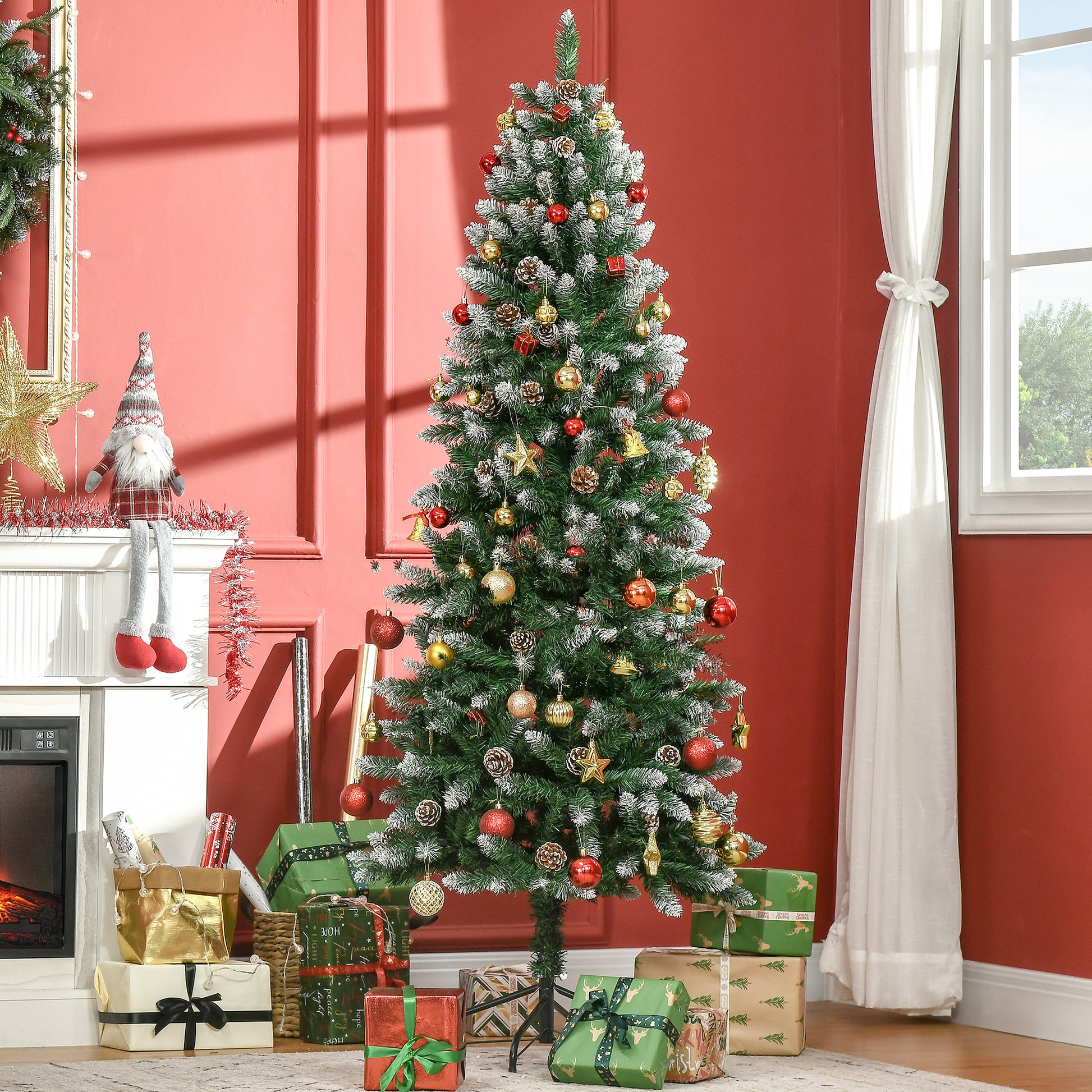 HOMCOM 6 Foot Snow Artificial Christmas Tree with Realistic Branches, Pine Cone, for Indoor Decoration, Green White