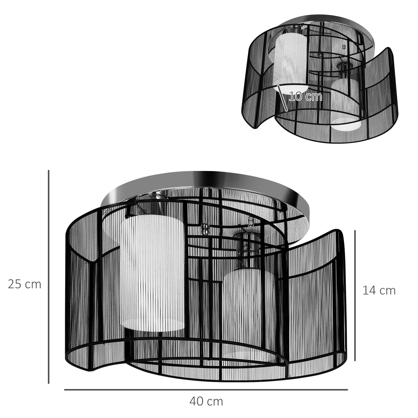 HOMCOM Metal Ceiling Light Chandelier, ?40x25H cm, Chrome/Fabric-Black