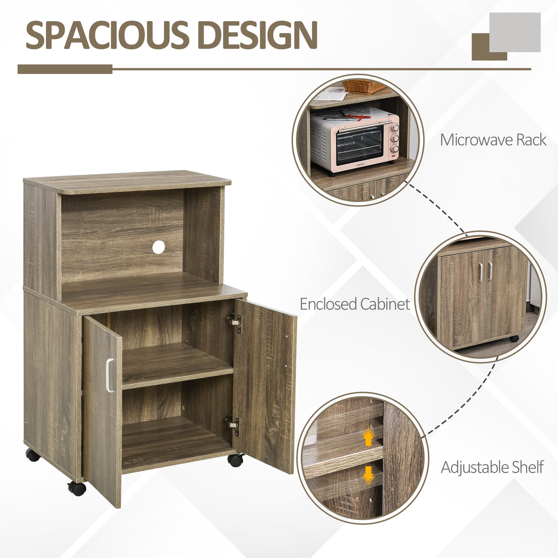 HOMCOM Microwave Cart on Wheels Utility Trolley Storage Sideboard Bookcase with 2-door Cabinet, 97H x 60.4W x 40.3Dcm, Grey
