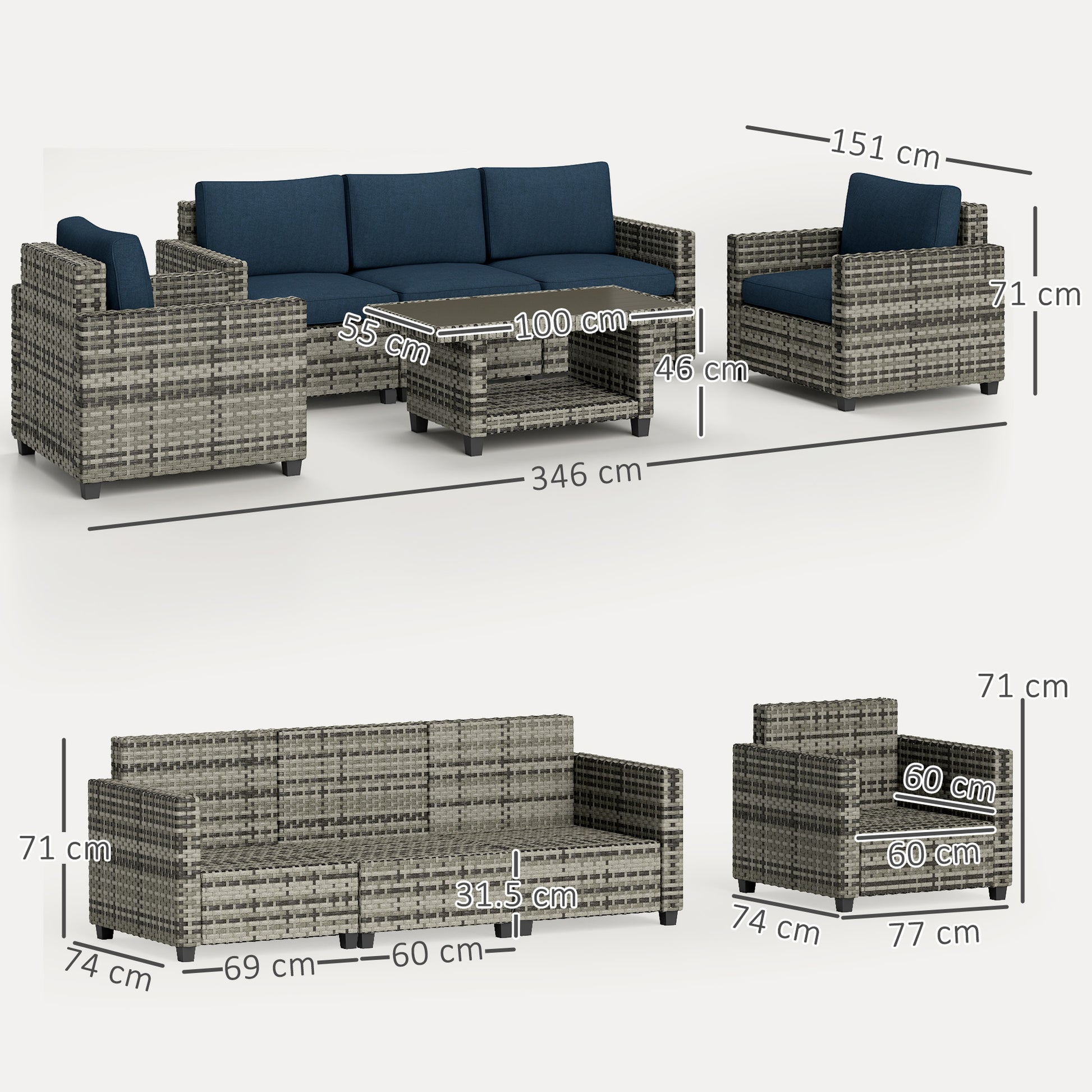 Outsunny Six-Piece Modular Rattan Sofa Set - Navy Blue