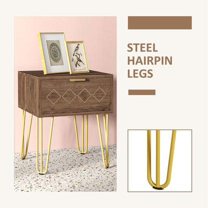 HOMCOM Bedside Table with Drawer, Wooden Nightstand, Modern Sofa Side Table with Gold Tone Metal Legs for Living Room, Bedroom