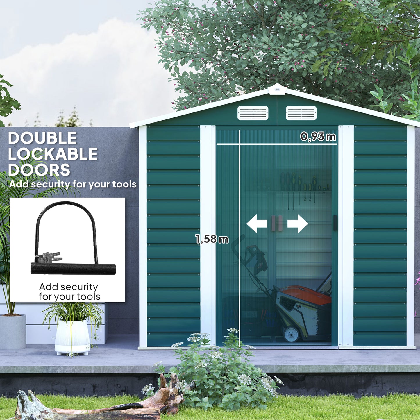 Outsunny 7 x 4ft Garden Shed, Easy to Assemble, Upgraded Galvanised Steel Frame with Foundation Kit, Double Doors with Lock, Outdoor Metal Shed with Vents and Gloves, Garden Storage Shed, Green