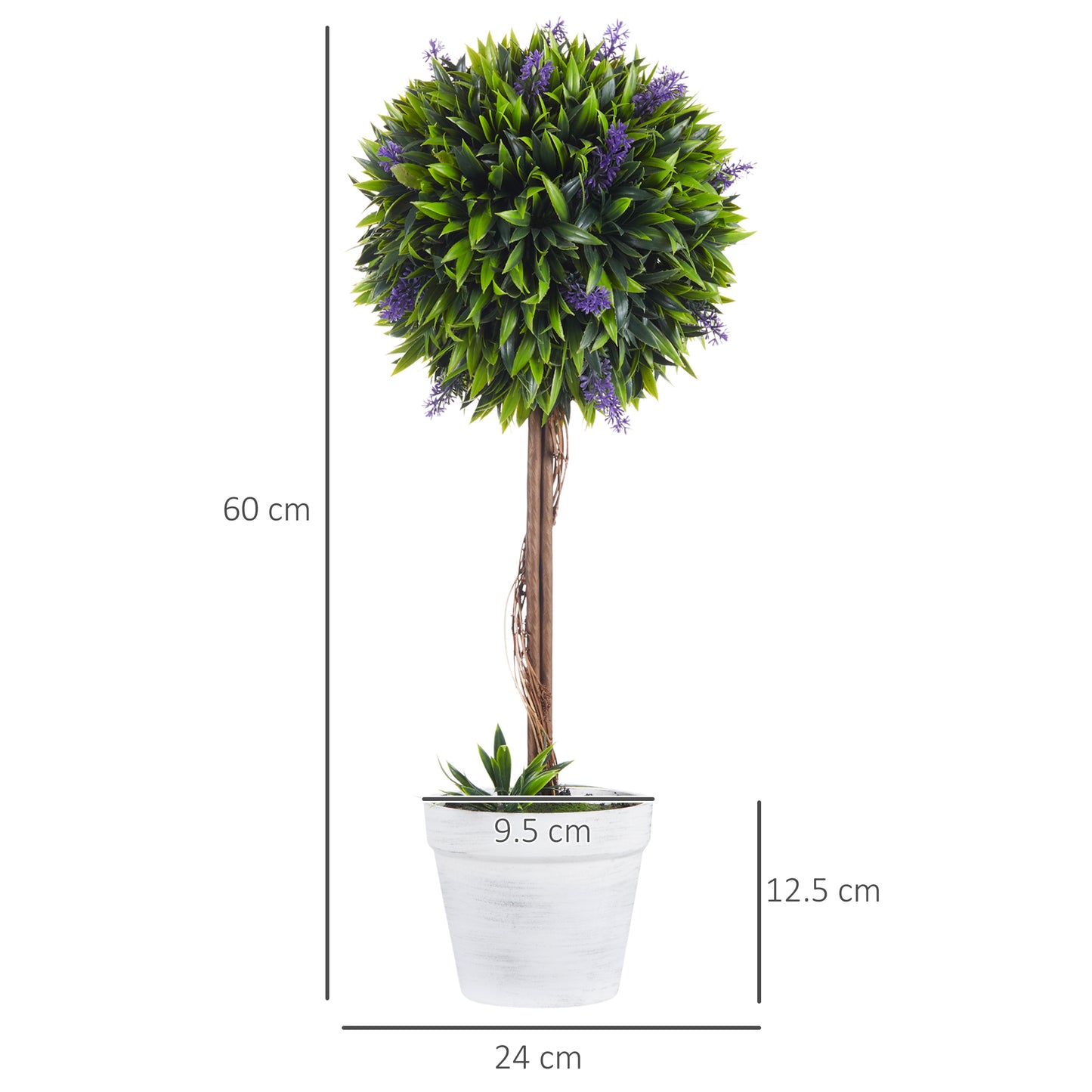 HOMCOM Set of 2 Decorative Artificial Plants Ball Trees with Lavender Flowers in Pot Fake Plants for Home Indoor Outdoor Decor, 60cm