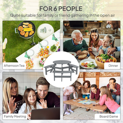 Outsunny 6 Seater Wooden Picnic Table and Garden Benches Set, Round Garden Dining Set with 3 Benches and Umbrella Hole Outdoor Garden Park, Grey