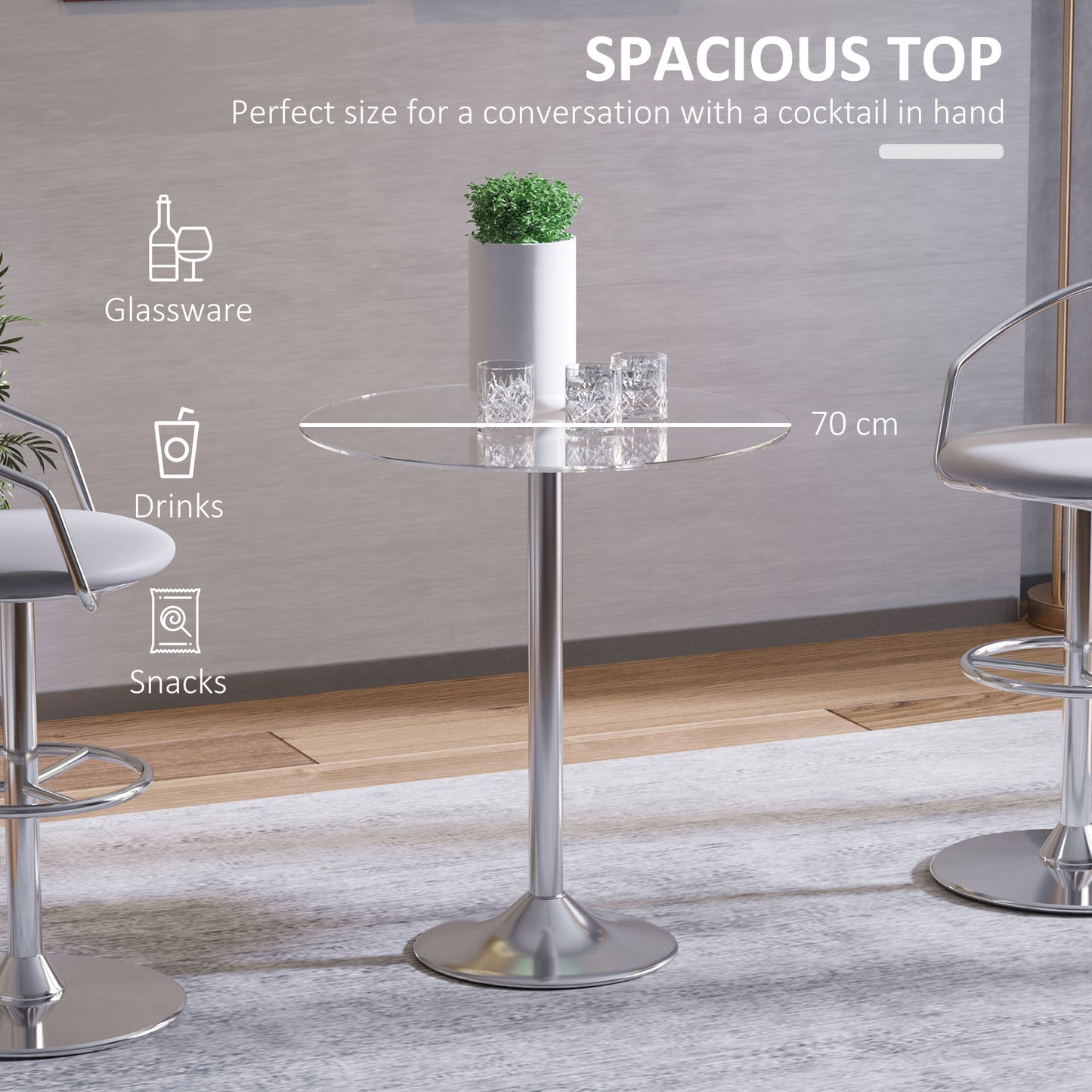 HOMCOM Round Dining Table, Modern Dining Room Table with Tempered Glass Top, Steel Base, Space Saving Small Bar Table