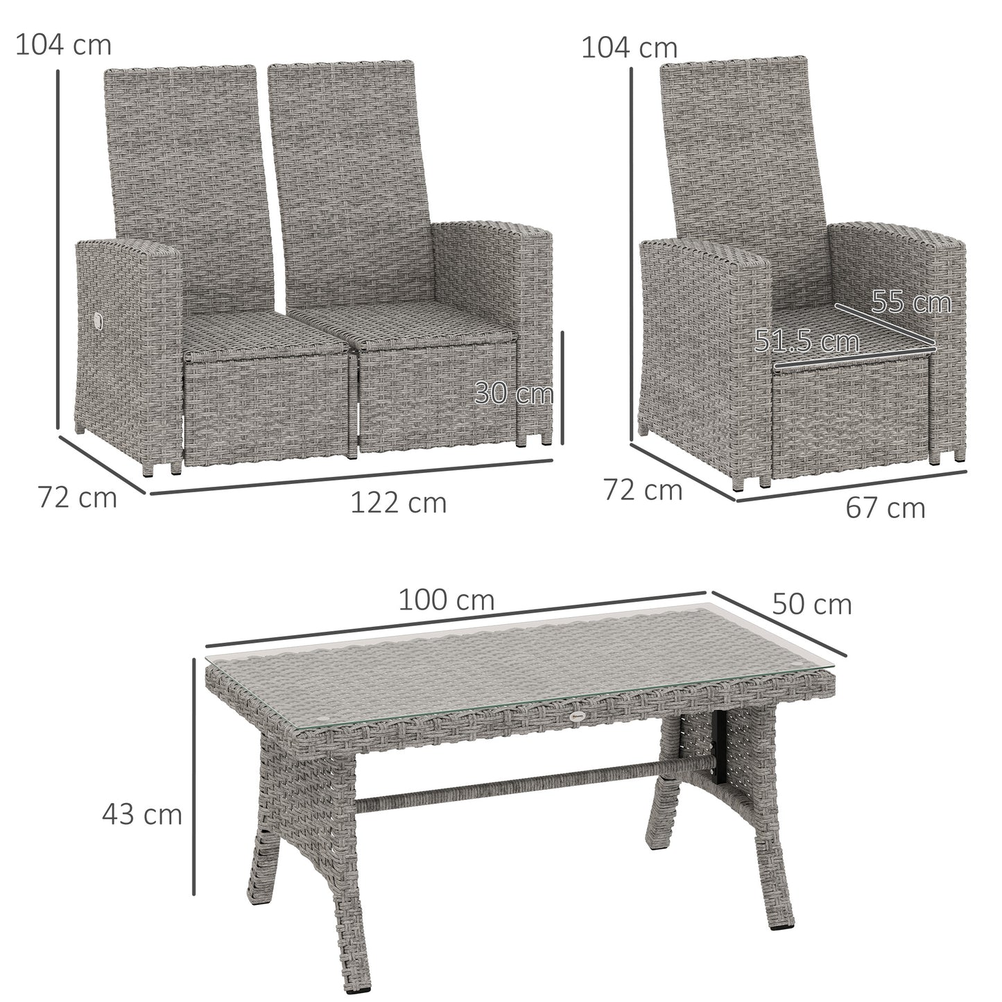 Outsunny 4 Piece Rattan Garden Furniture Set Outdoor Sofa Sectional Set with Glass Top Table for Poolside, Navy Blue