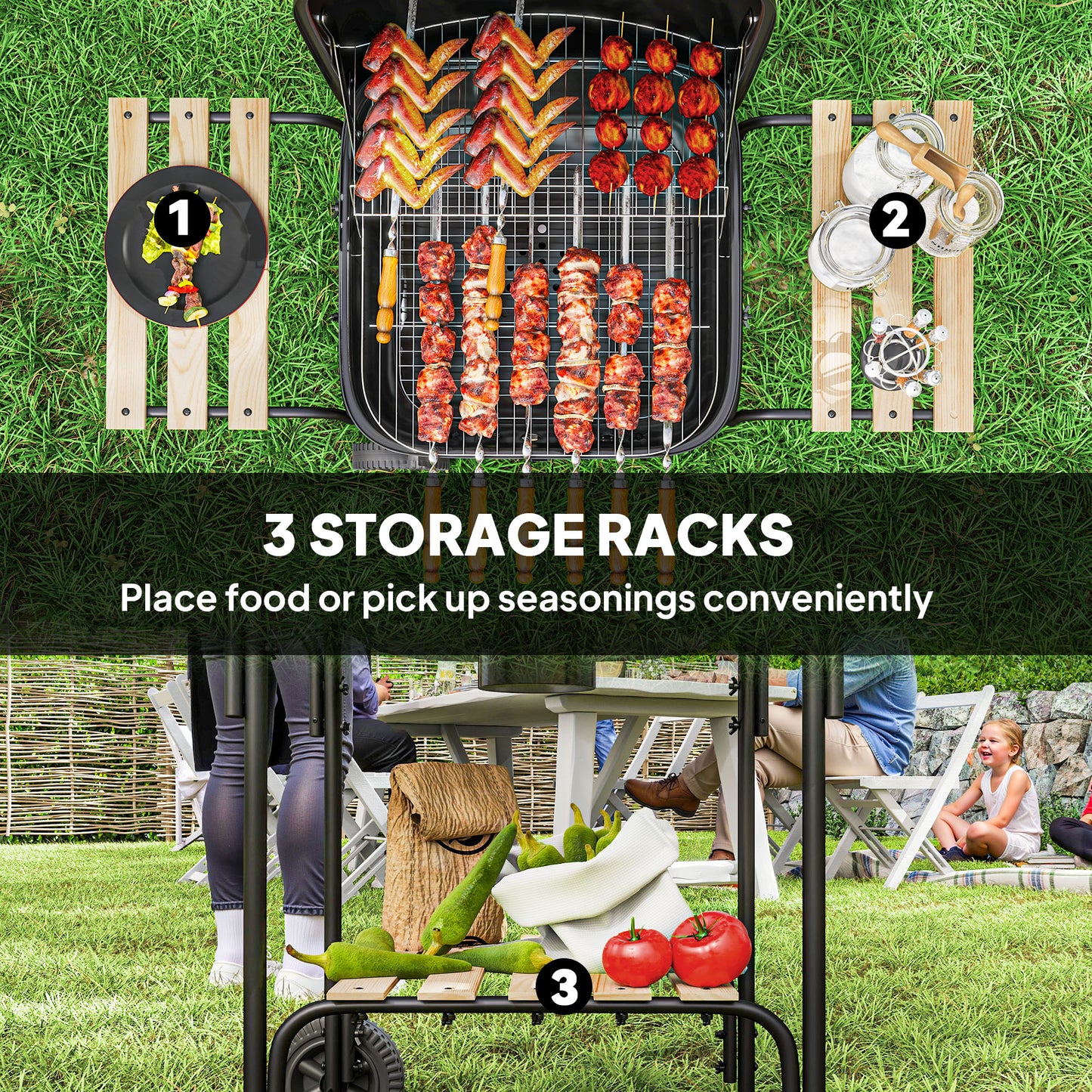 Outsunny Charcoal Barbecue Grill Portable BBQ Grill with 1840 cm² Cooking Area, 3 Shelves, Adjustable Vent, Lockable Lid, Wheels for Outdoor Cooking, Garden Party, Black