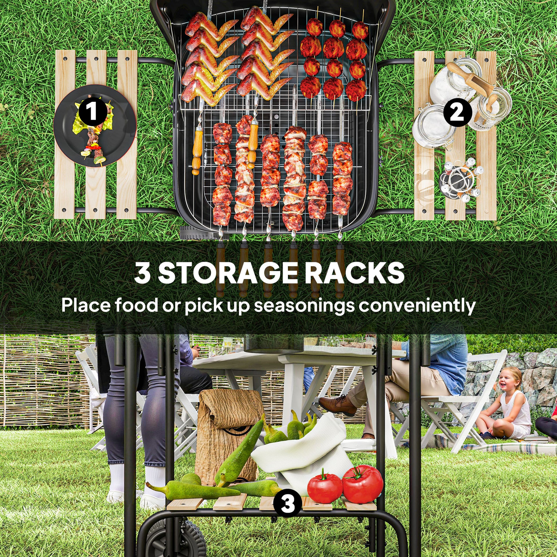 Outsunny Charcoal Barbecue Grill Portable BBQ Grill with 1840 cm² Cooking Area, 3 Shelves, Adjustable Vent, Lockable Lid, Wheels for Outdoor Cooking, Garden Party, Black