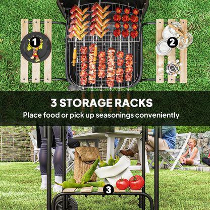 Outsunny Charcoal Barbecue Grill Portable BBQ Grill with 1840 cm² Cooking Area, 3 Shelves, Adjustable Vent, Lockable Lid, Wheels for Outdoor Cooking, Garden Party, Black
