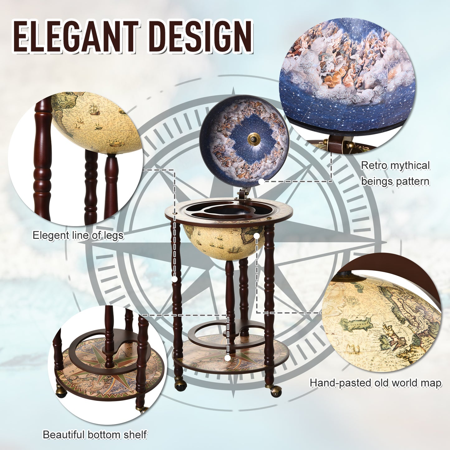 HOMCOM Globe Shaped Retro Style Mini Bar Drink Cabinet Mobile Wine Alcohol Beverage Storage Trolley Glass Bottle Holder w/ Wheels