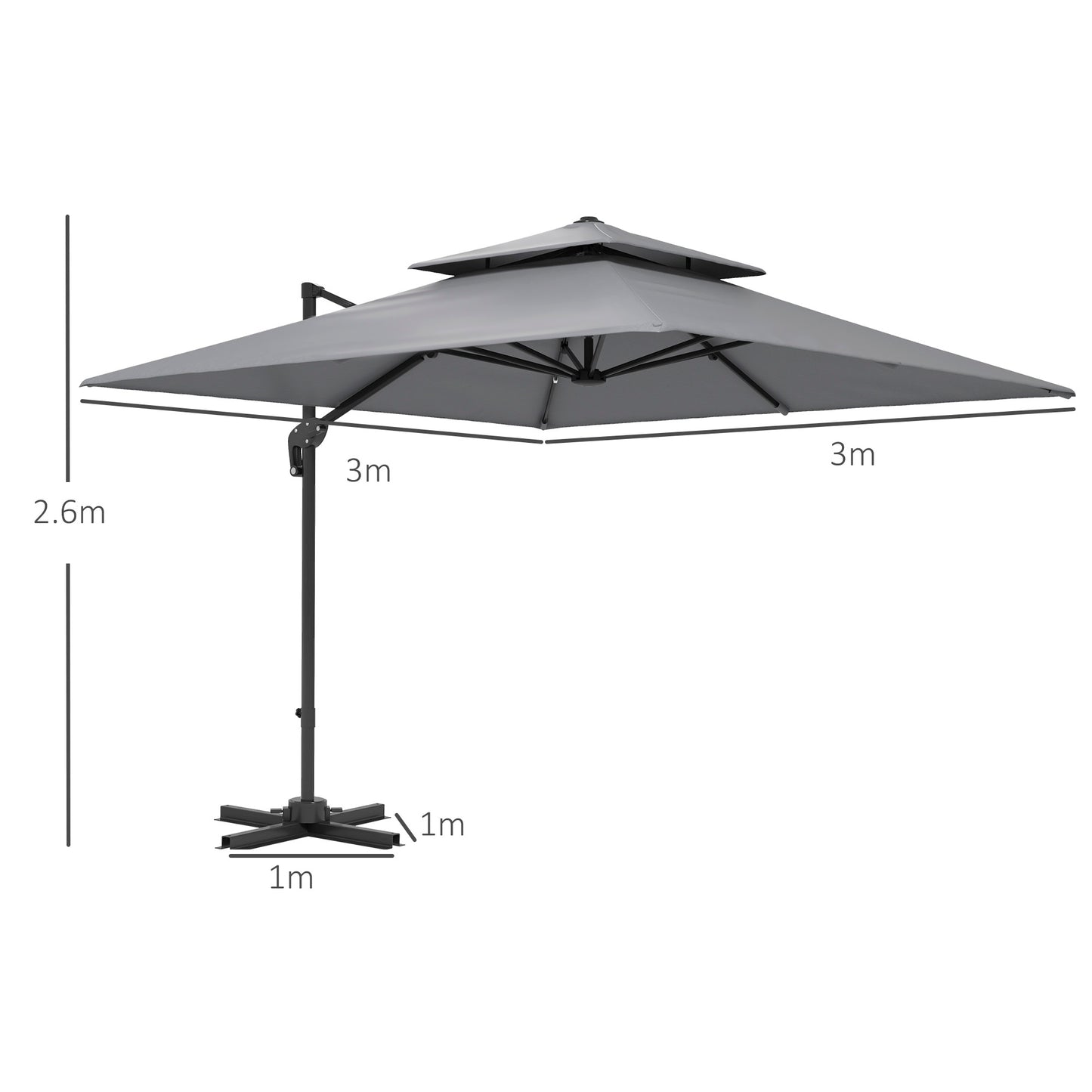 Outsunny 3 x 3(m) Cantilever Parasol with Aluminium Frame, Crank and Tilt, 360-Degree Rotation, Double Top Garden Umbrella with Base and Cover, Light Grey