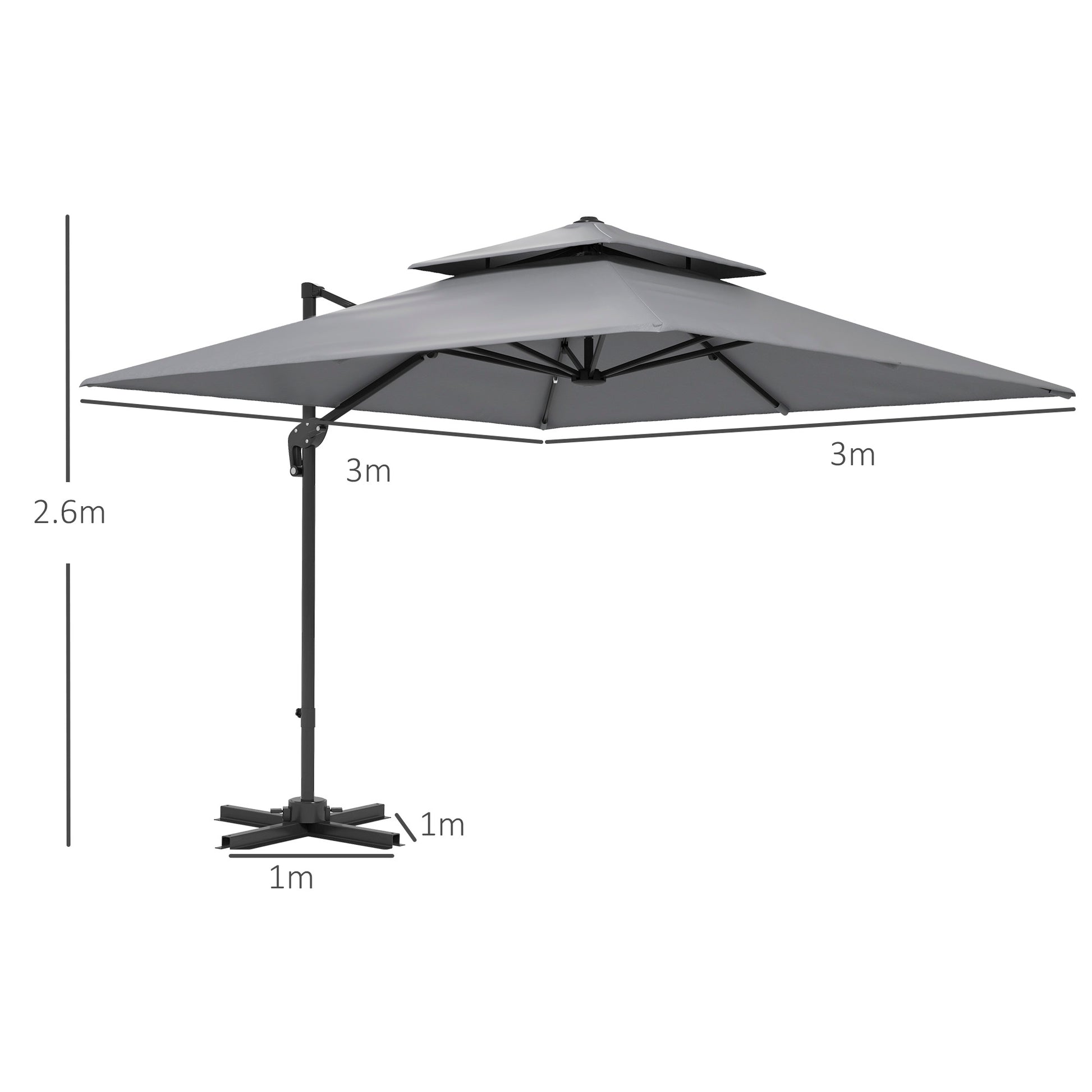 Outsunny 3 x 3(m) Cantilever Parasol with Aluminium Frame, Crank and Tilt, 360-Degree Rotation, Double Top Garden Umbrella with Base and Cover, Light Grey