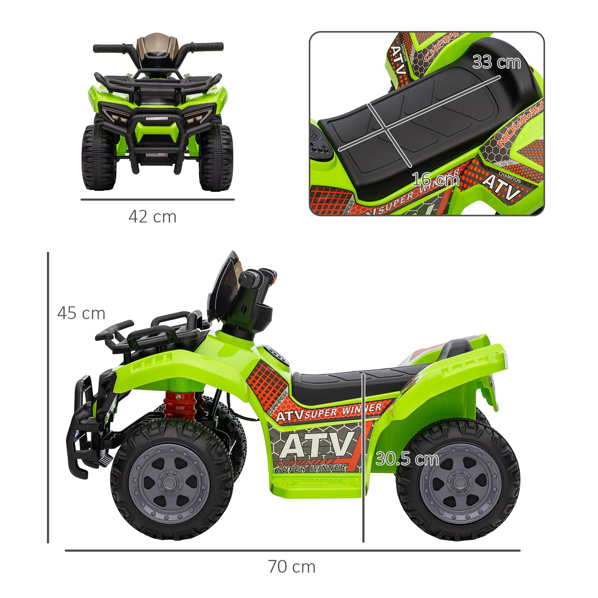 HOMCOM Kids Ride-on Four Wheeler ATV Car with Real Working Headlights, 6V Battery Powered Motorcycle for 18-36 Months, Green